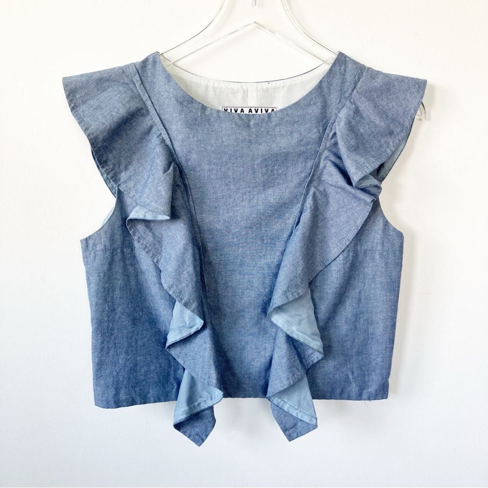 Viva Aviva Medium Magnolia Chambray Ruffle Top Crop Blue Sleeveless Flutter